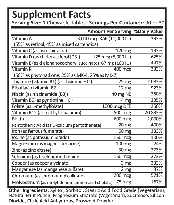 Supplement Facts for DS/SADI Core Multivitamin with 60mg Iron in 30/90ct Bottle