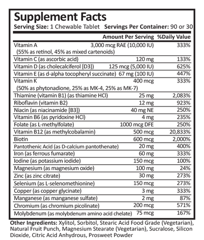 Supplement Facts for DS/SADI Core Multivitamin with 60mg Iron in 30/90ct Bottle