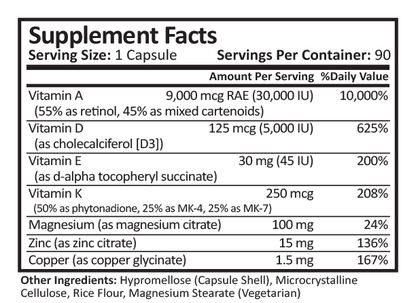 Supplement Facts for DS/SADI Core Multivitamin with 60mg Iron in 90ct Bottle