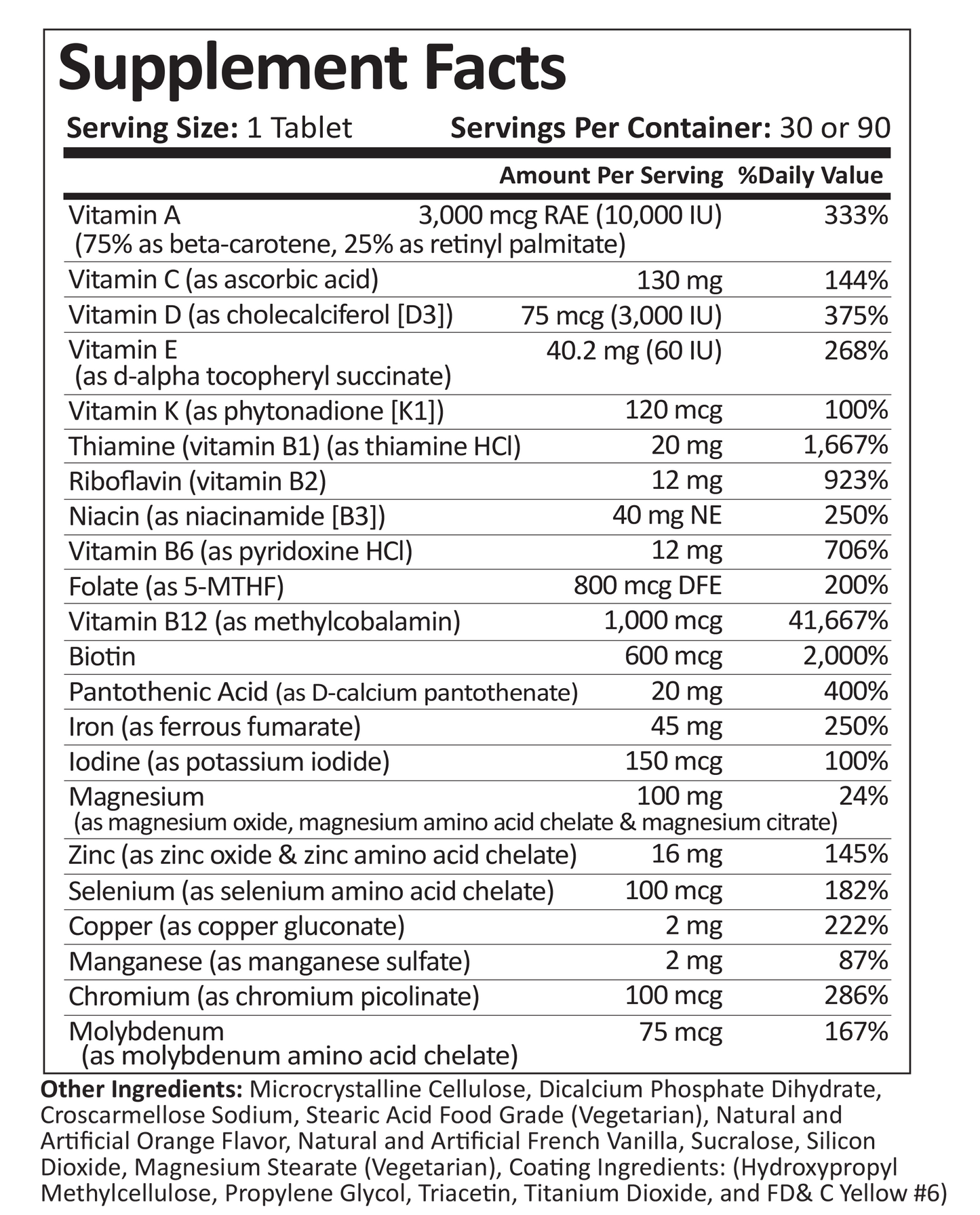 Supplement Facts for Bariatic Multivitamin with 45mg Iron 