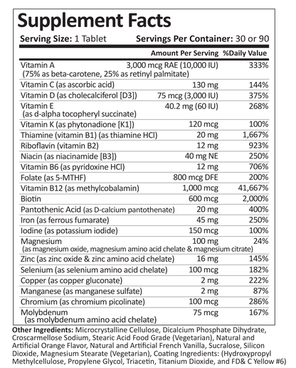 Supplement Facts for Bariatic Multivitamin with 45mg Iron 