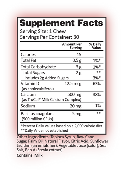 Supplement facts for Peaches & Cream Calcium Soft Chews